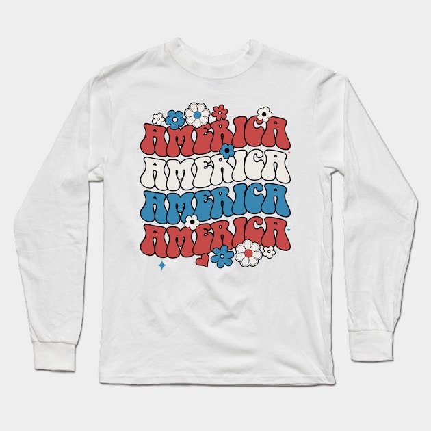 american groovy 4th july America retro patriotic USA Long Sleeve T-Shirt by BramCrye